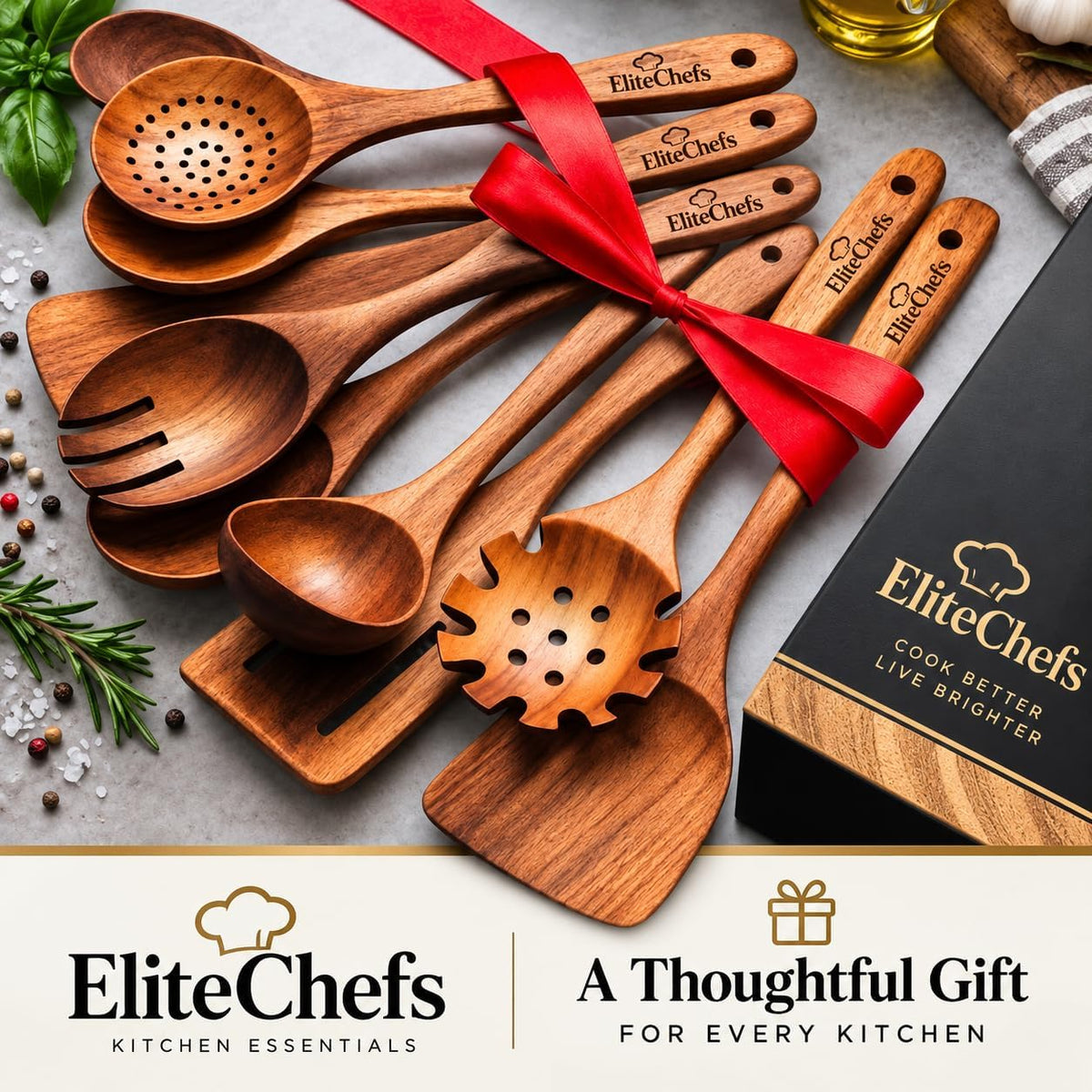 Elite Chefs™ 13-Piece Acacia Wood Kitchen Utensil Set with Holder, Grinders & Hooks