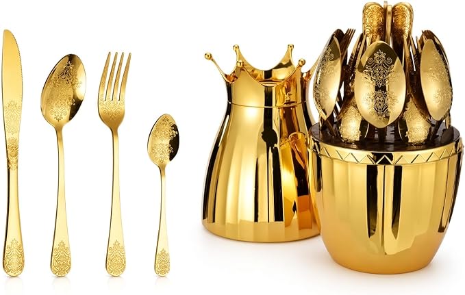 Elite Chefs™ 24-Piece Gold Stainless Steel Cutlery Set with Crown-Topped Egg Holder