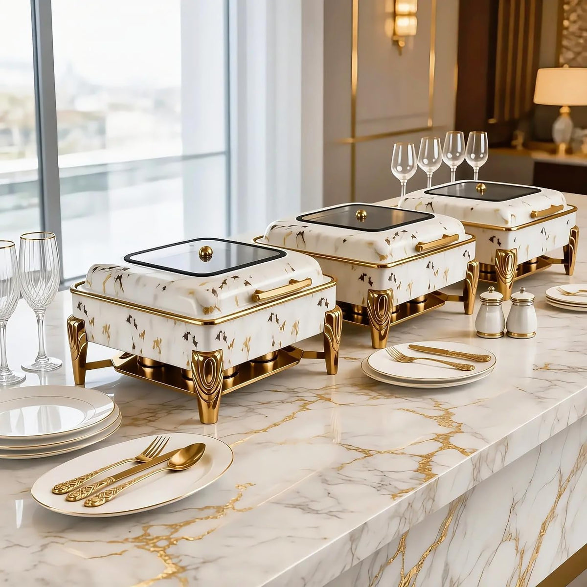 Elite Chefs™ 6.5 Qt Square Chafing Dish with Hydraulic Glass Lid