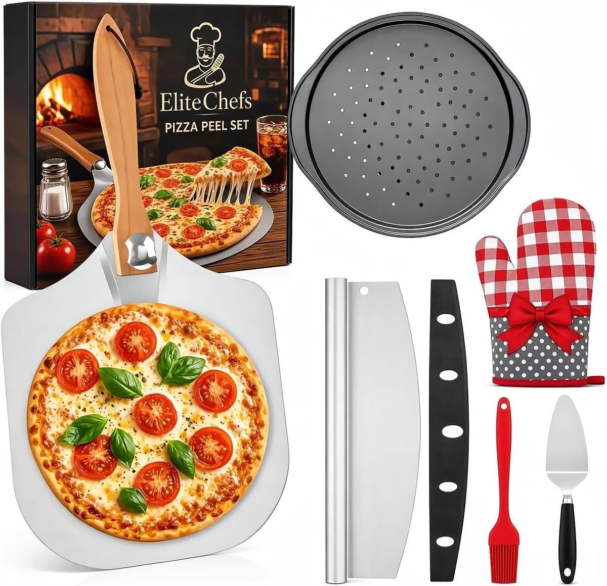 Elite Chefs™ 7-Piece Pizza Peel Set with Acacia Wood & Stainless Steel Tools