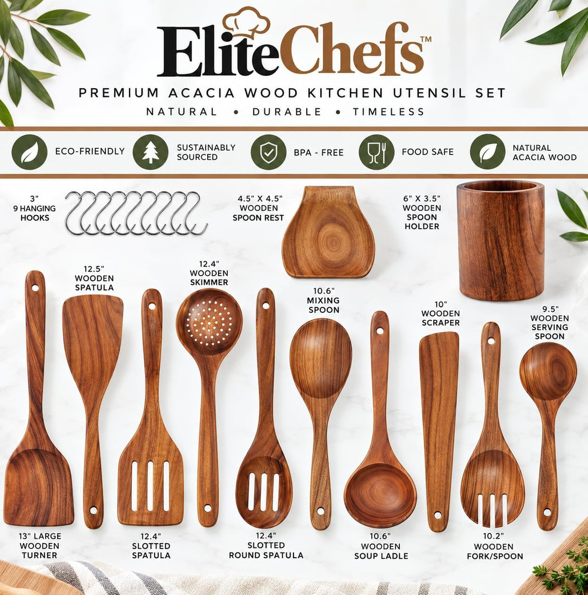 Elite Chefs™ 13-Piece Acacia Wood Kitchen Utensil Set with Holder, Grinders & Hooks