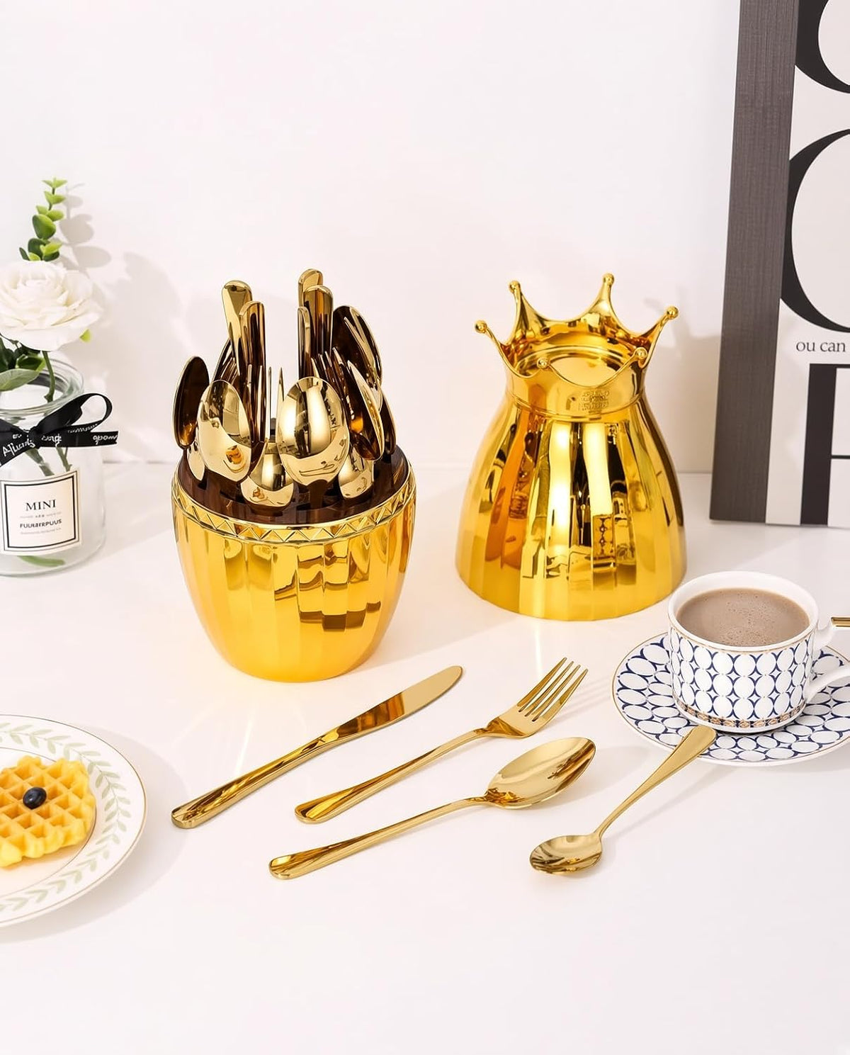 Elite Chefs™ 24-Piece Gold Stainless Steel Cutlery Set with Crown-Topped Egg Holder