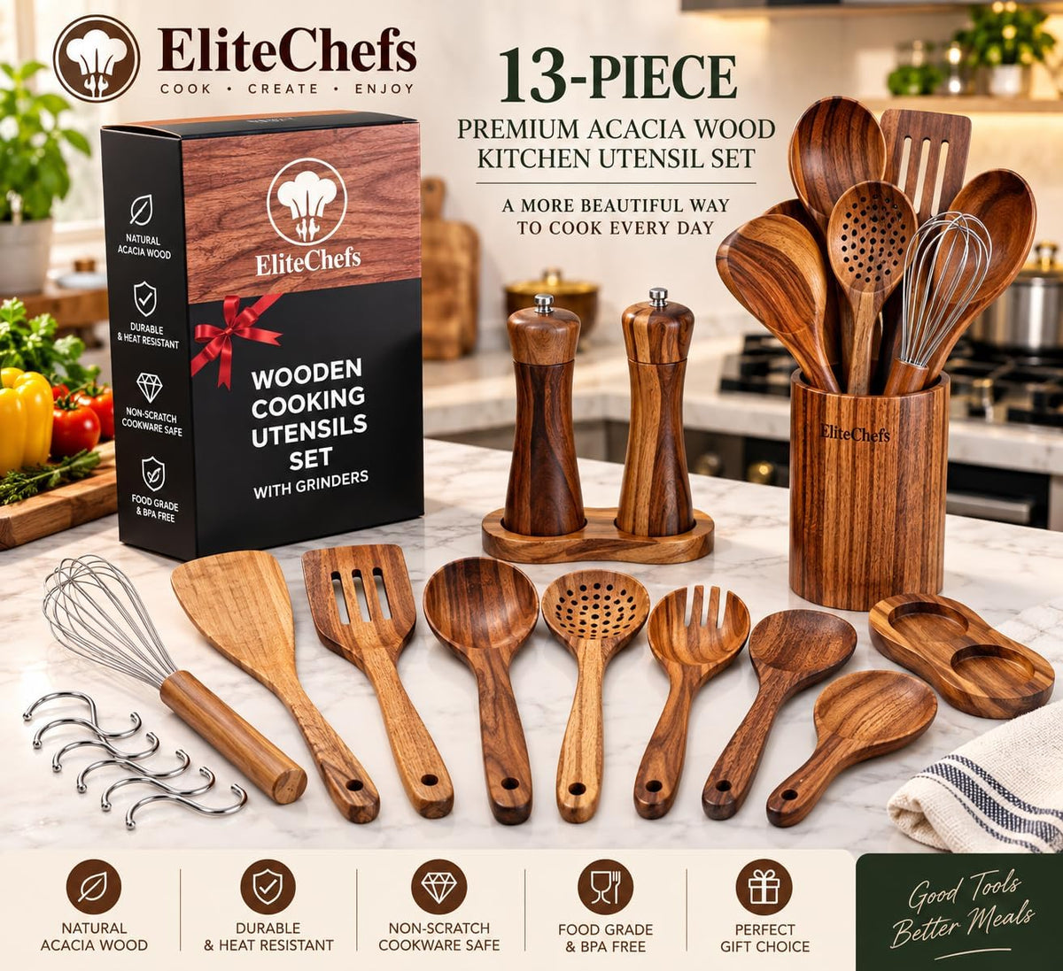 Elite Chefs™ 13-Piece Acacia Wood Kitchen Utensil Set with Holder, Grinders & Hooks