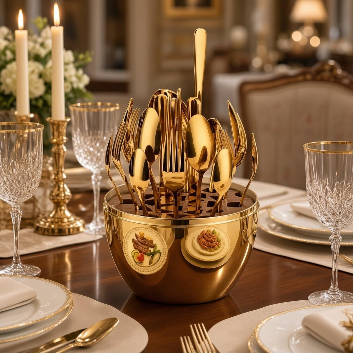 Elite Chefs™ 24-Piece Gold Stainless Steel Cutlery Set with Crown-Topped Egg Holder