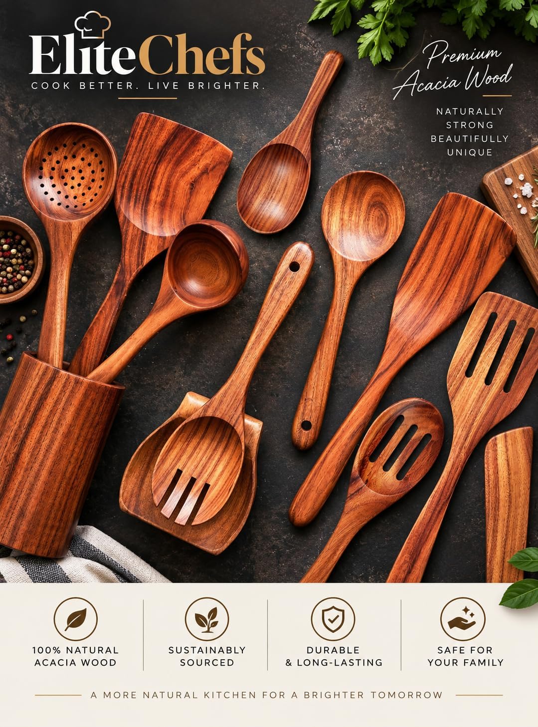 Elite Chefs™ 13-Piece Acacia Wood Kitchen Utensil Set with Holder, Grinders & Hooks
