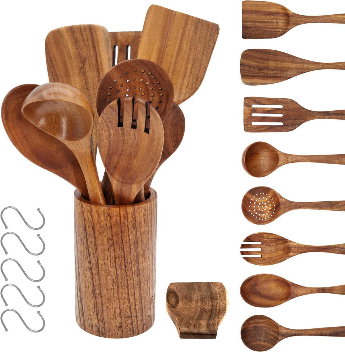 Elite Chefs™ Solid Acacia Wood Cooking Utensil Set with Holder & Spoon Rest