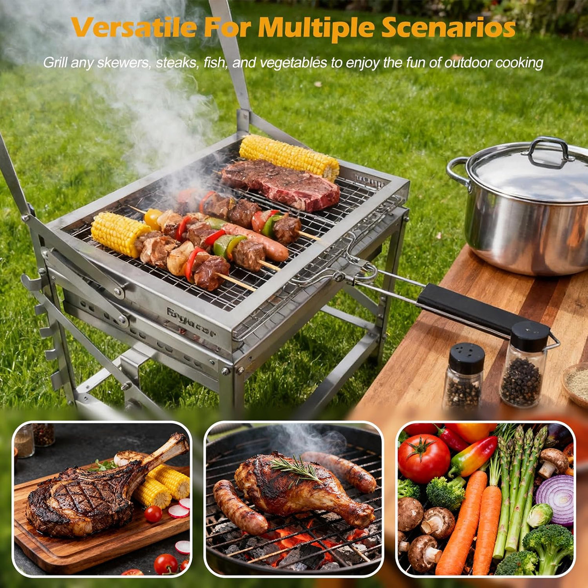 Elite Chefs™ Portable Folding Stainless Steel Charcoal Grill