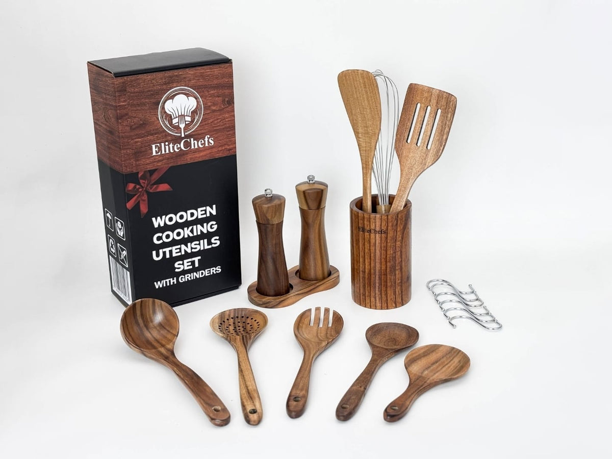 Elite Chefs™ Solid Acacia Wood Cooking Utensil Set with Holder & Spoon Rest