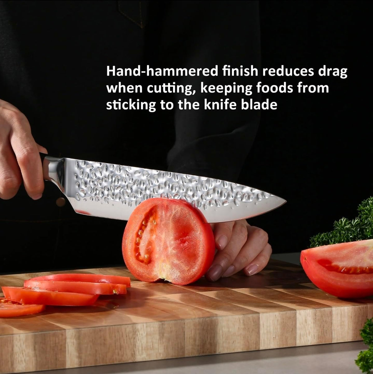 Elite Chefs chef knife slicing a ripe tomato, with a caption explaining that the hand-hammered finish reduces drag and keeps food from sticking to the blade