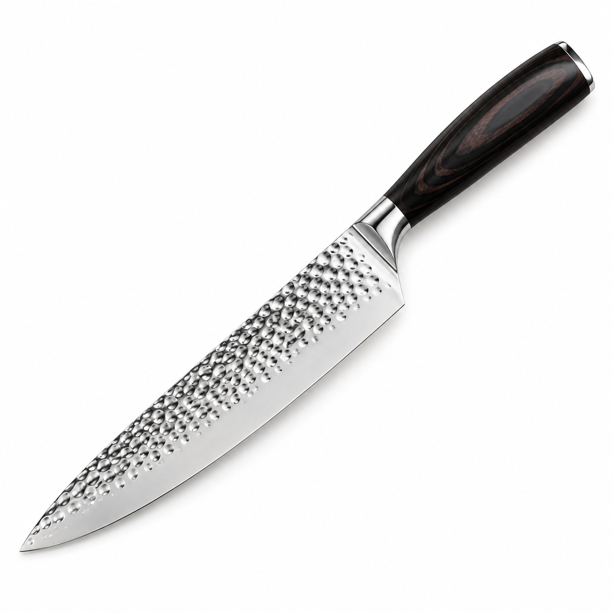 Elite Chefs 8-inch hand-hammered chef knife shown full length on a plain white background, blade and Pakkawood handle in view