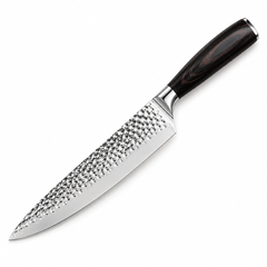 Elite Chefs 8-inch hand-hammered chef knife shown full length on a plain white background, blade and Pakkawood handle in view