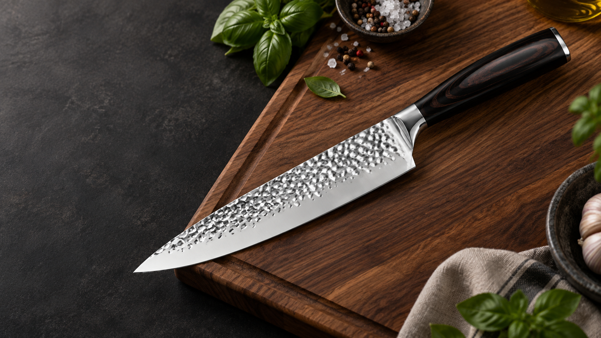 Elite Chefs 8-inch hand-hammered chef knife with a dark Pakkawood handle resting on a walnut cutting board beside fresh basil, peppercorns, sea salt and garlic on a dark slate counter