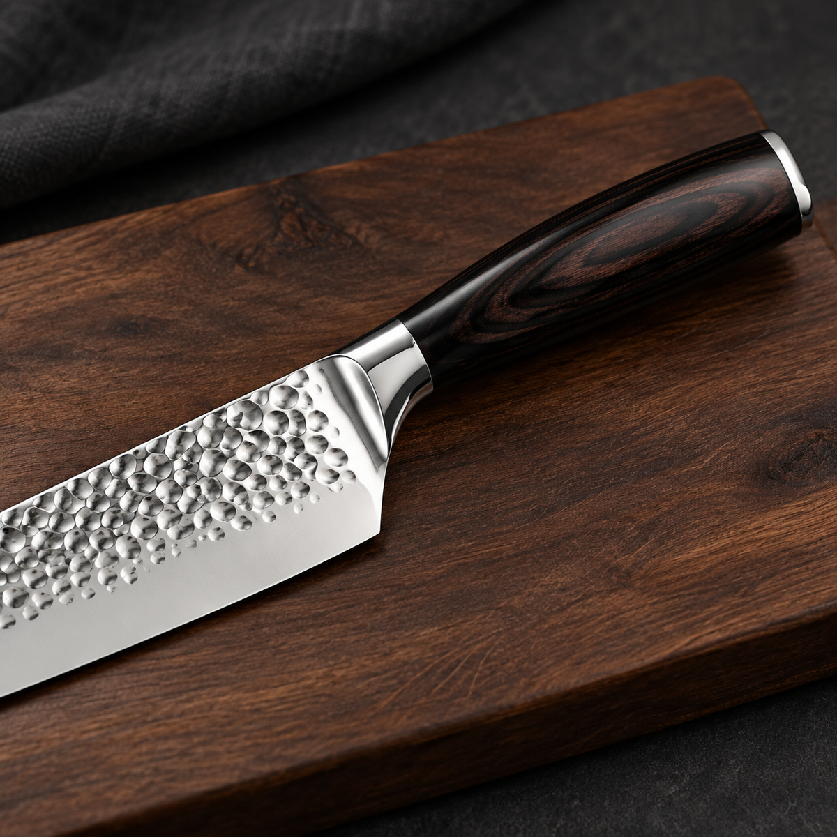 Elite Chefs chef knife with a contoured dark Pakkawood handle lying on a walnut board against a charcoal linen backdrop