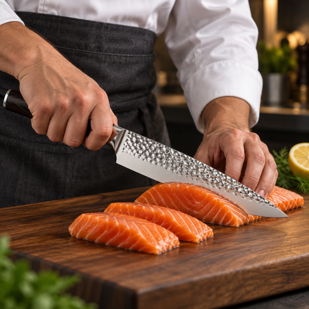 Chef in a dark apron slicing fresh salmon fillets on a wooden board with the Elite Chefs 8-inch hammered chef knife