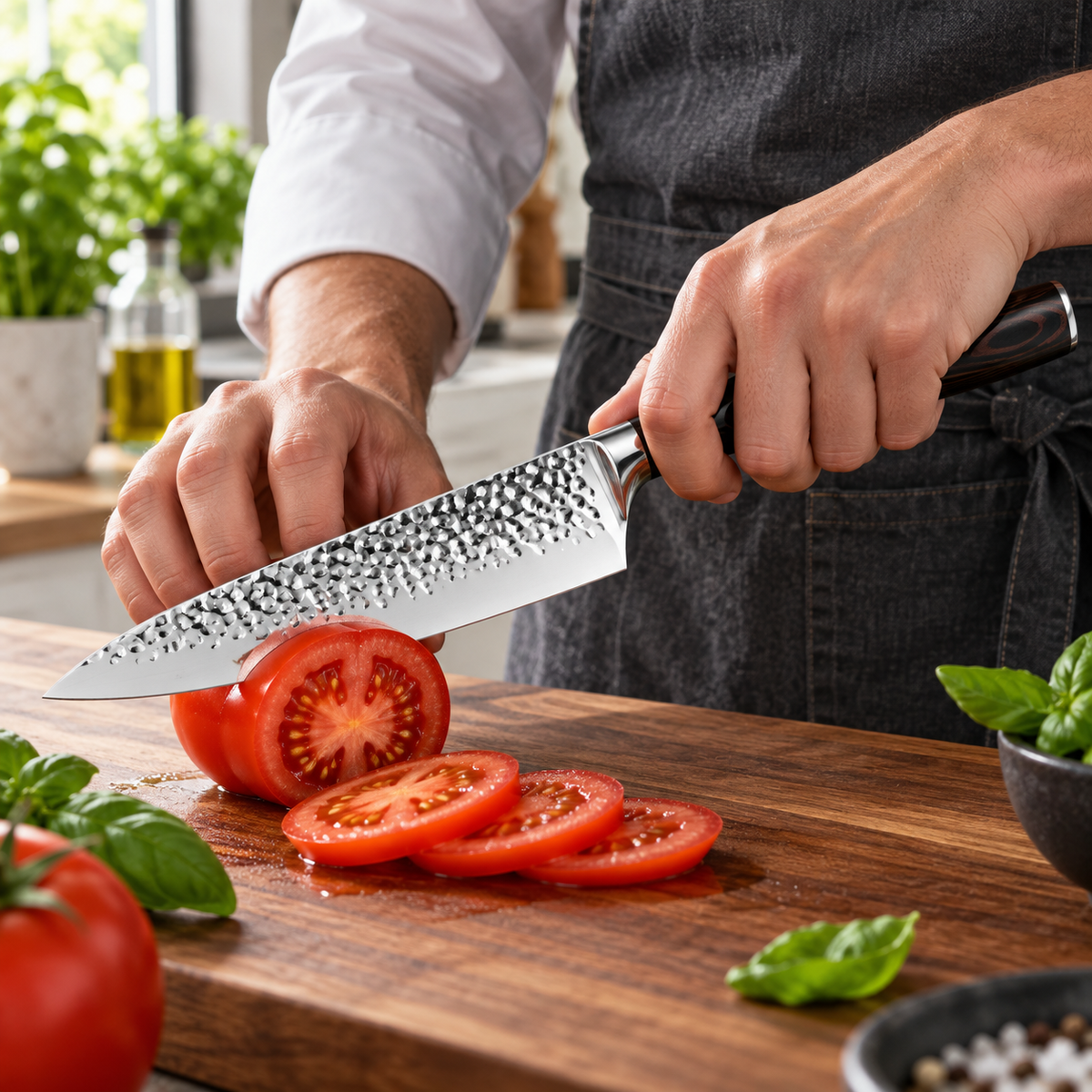 Chef slicing ripe tomatoes into thin, even rounds on a wooden board using the Elite Chefs 8-inch hammered chef knife