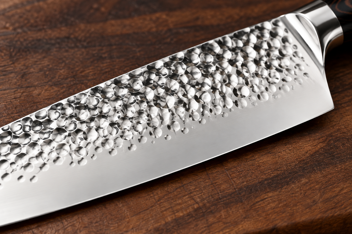 Close-up of the hand-hammered dimpled blade and polished bolster on the Elite Chefs 8-inch chef knife
