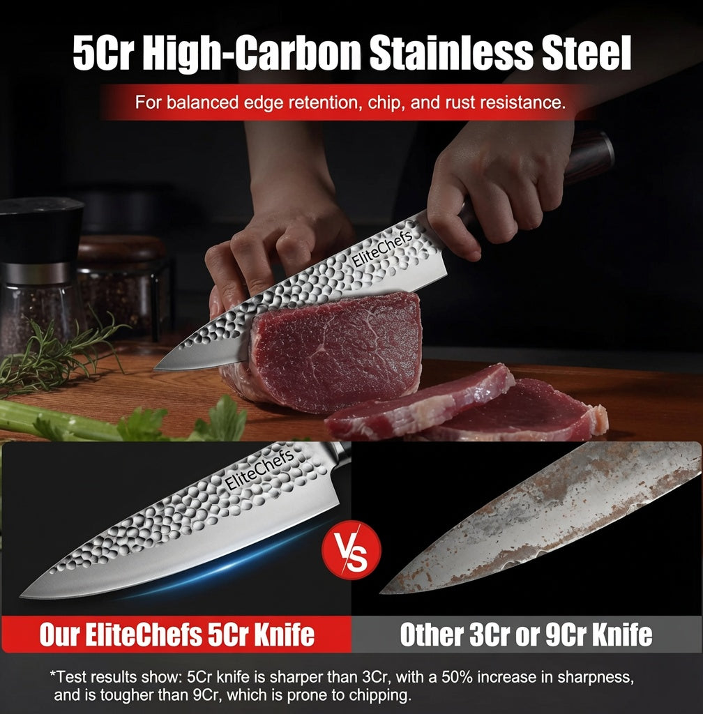 Graphic explaining the 5Cr high-carbon stainless steel blade, chosen for balanced edge retention and resistance to chipping and rust