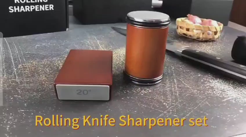 Demonstration of the Elite Chefs magnetic rolling knife sharpener — the beech-wood roller, the magnetic base set to a 20 degree angle, the 400 and 1000 grit diamond disks, and a chef's knife being sharpened on it